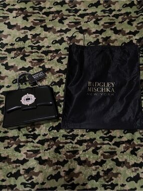 Badgley Mischka Black Patent Clutch with Branded Lining